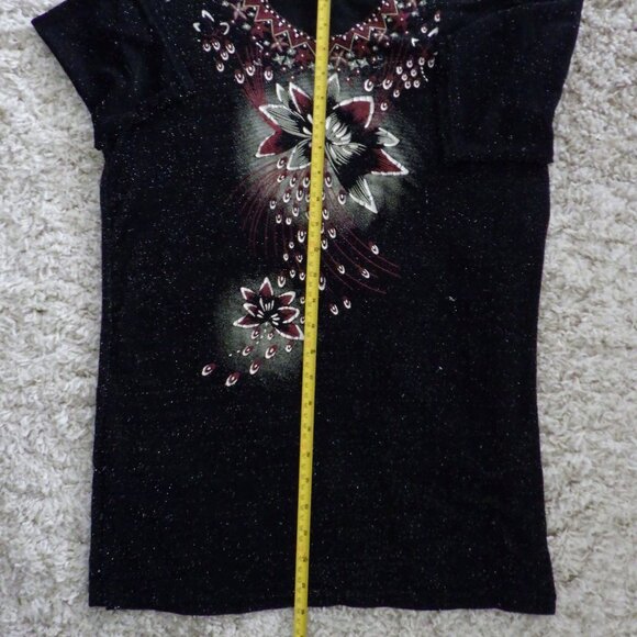 Unbranded Womens Top Short Sleeve Florial Glitter Festive Feminine Black Rust - Picture 5 of 6